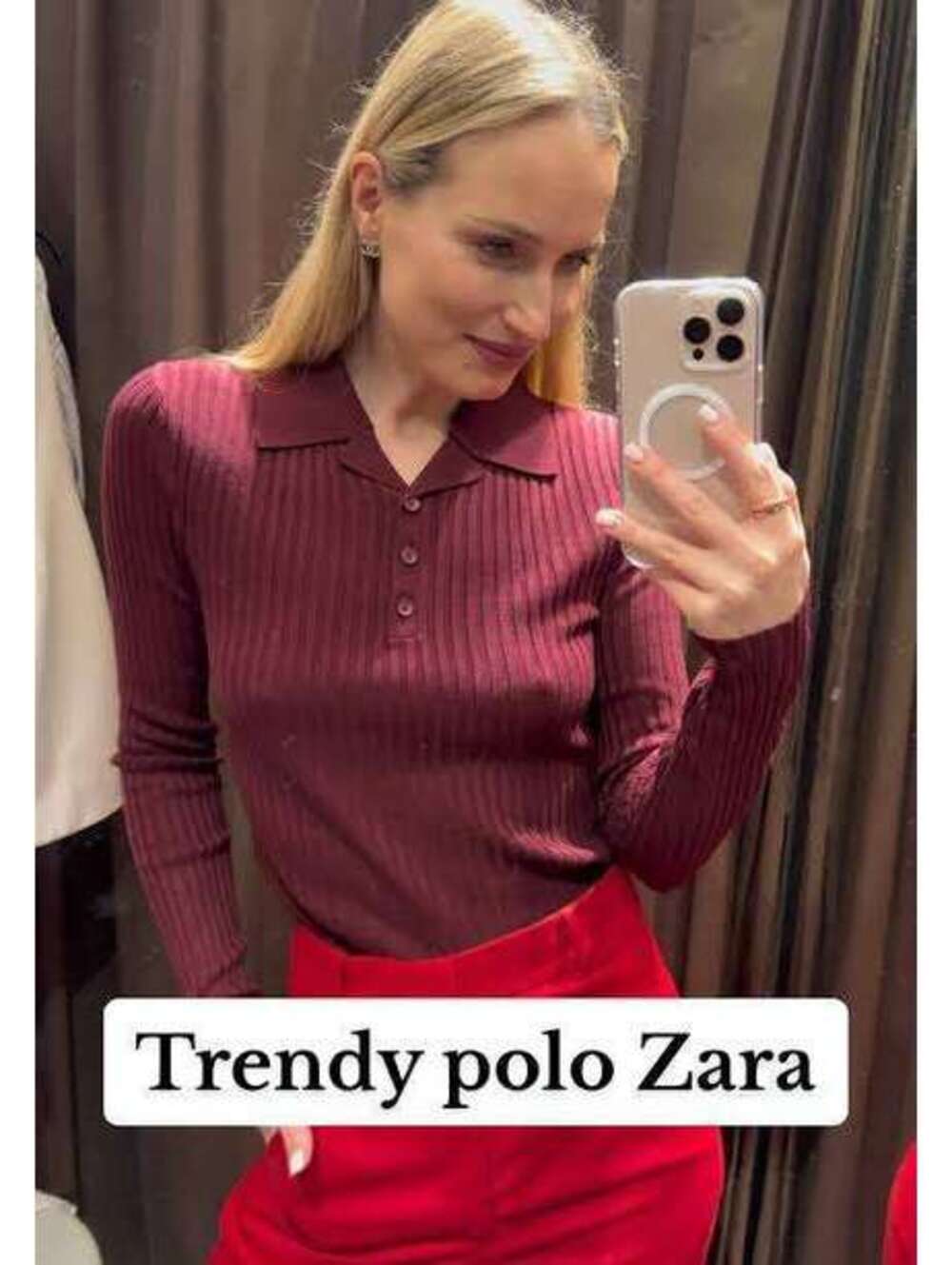Zara Burgundy Ribbed Knit Polo Top Size S